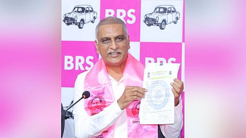 BRS MLA T Harish Rao speaks during a press meet at the party office in Hyderabad.