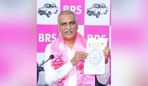 BRS MLA T Harish Rao speaks during a press meet at the party office in Hyderabad