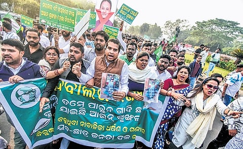 BJD workers on a protest march in Bhubaneswar on Wednesday