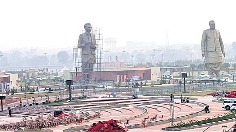 Shaped like a lotus, reflecting BJP’s poll symbol, the memorial features three statues.