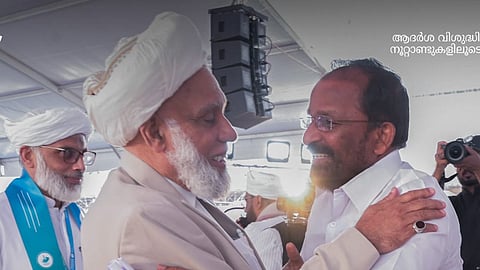 Congress leader T N Prathapan with Syed Muhammad Jiffri Muthukoya Thangal at the reception in Thrissur on Tuesday.