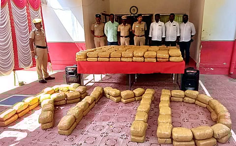 Cops seized over 564 kilo Ganja near Mandabam, the seized contraband was displayed at AR ground in Ramanathapuram on Wednesday.