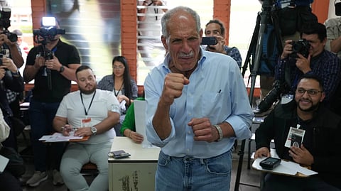 Nasry Asfura, presidential candidate for the National Party, gestures during general elections in Tegucigalpa, Honduras, Sunday, Nov. 30, 2025.