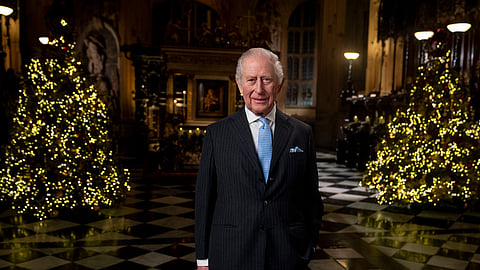 Britain's King Charles III during the recording of his Christmas message in the Lady Chapel of Westminster Abbey, central London, Thursday, Dec. 11, 2025.