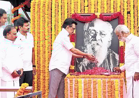 Chief Minister MK Stalin paying tributes to Periyar in Chennai.