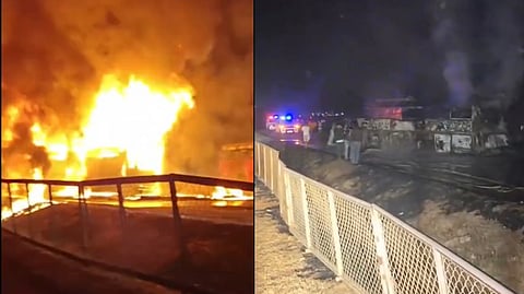 The bus, travelling from Bengaluru to Gokarna, caught fire following the crash.