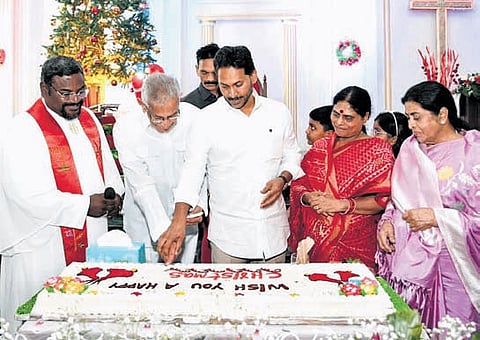 YSRCP chief and former Chief Minister YS Jagan Mohan Reddy participates in the Christmas celebrations at the CSI Church in Pulivendula on Thursday