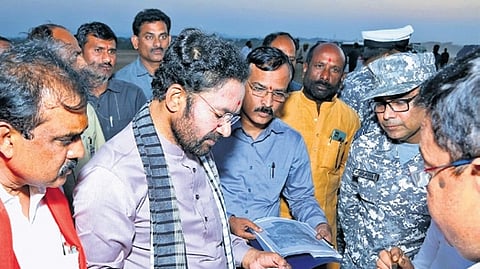 Union Coal and Mines Minister G Kishan Reddy inspects the site for the proposed airport in Adilabad on Friday