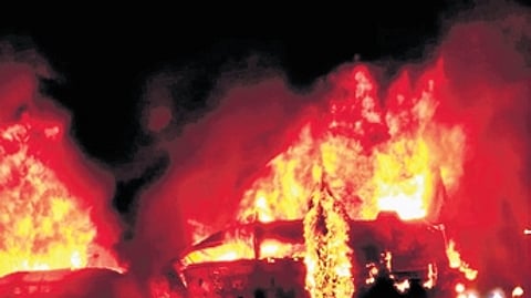 Five people were burnt alive including the driver of truck when a truck hit a private bus resulting in both bus and truck catching fire at Gorlattu in Hiriyur of Chitradurga district in the early hours of Thursday.