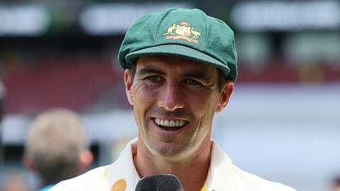Australia's captain Pat Cummins speaks with media after Australia won the third Ashes cricket test against England in Adelaide, Australia, Sunday, Dec. 21, 2025.