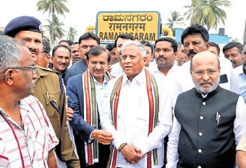 Union MoS V Somanna at the Ramanagara Railway Station on Friday. Bengaluru Rural MP Dr CN Manjunath and others are seen