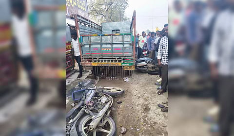 Accident scene at Check post center in Vinukonda town of Palnadu district in which a teenage student died on the spot on Thursday.