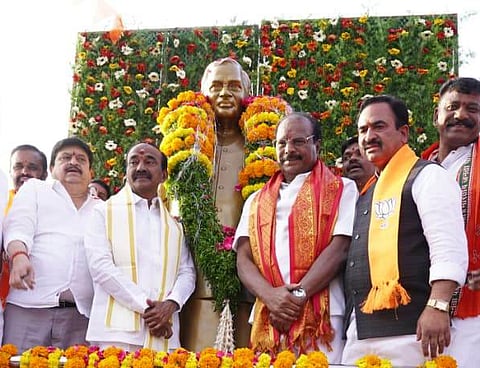 BJP leaders unveil the statue of Former Prime Minister of India Atal Bihari Vajpayee in LB Nagar.