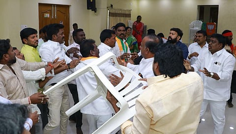 Two groups of BJP workers clash with each other at the Nalgonda party office on Thursday.