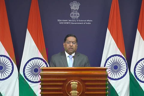 External Affairs Ministry spokesperson Randhir Jaiswal speaking at the weekly media briefing
