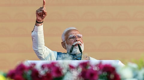 Prime Minister Narendra Modi speaks during a public meeting at the inauguration of Rashtra Prerna Sthal, in Lucknow, on Thursday.