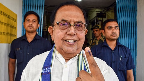 Tripura Assembly Speaker Biswa Bandhu Sen, who passed away on Friday, Dec. 26, 2025, is seen in this April 26, 2024, file image after casting his vote for the 2nd phase of Lok Sabha elections in North Tripura.