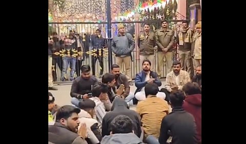 Members of Bajrang Dal 'staging a protest' outside a church in Bareilly, Uttar Pradesh and singing Hanuman Chalisa.
