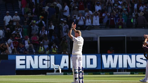 England's Ben Stokes applauds the crowd after England defeated Australia on Day 2 of their Ashes cricket test match in Melbourne, Saturday, Dec. 27, 2025.