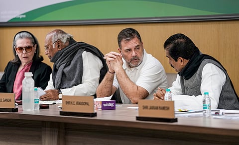 Congress President Mallikarjun Kharge with LoP in the Lok Sabha and party leader Rahul Gandhi, and party MPs Sonia Gandhi and KC Venugopal during the Congress Working Committee (CWC) meeting, in New Delhi, Saturday, Dec. 27, 2025.