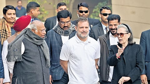 Congress President Mallikarjun Kharge with party leaders Rahul Gandhi and Sonia Gandhi, ahead of the CWC meeting in New Delhi on Saturday | Sekhar yadav