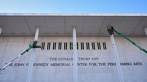 New signage, The Donald J. Trump and The John F. Kennedy Memorial Center For The Performing Arts, is unveiled on the Kennedy Center, Friday, Dec. 19, 2025, in Washington.