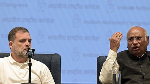 Congress President Mallikarjun Kharge with LoP in the Lok Sabha Rahul Gandhi