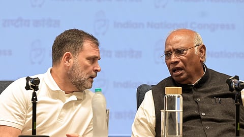 Congress President Mallikarjun Kharge with LoP in the Lok Sabha Rahul Gandhi