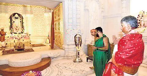 Chief Minister N Chandrababu Naidu offers prayers at Shri Ram Janmabhoomi Mandir in Ayodhya on Sunday.