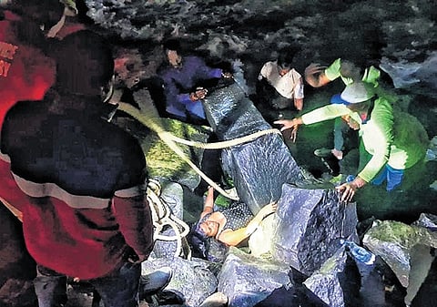The woman slipped and fell into a gap between rocks at Pondy beach.