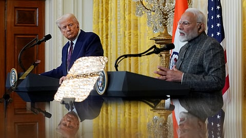In this photo from February 13, 2025, Prime Minister Narendra Modi speaks during a joint press statement with US President Donald Trump after their meeting at the White House, in Washington.