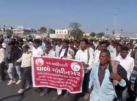 Congress workers, including Danta Congress MLA Kanti Kharadi, joined the walk. “This is not a protest born overnight,” Kharadi said while walking alongside protesters.