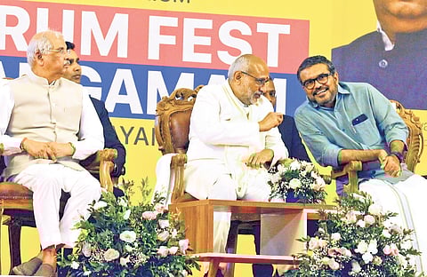 Vice-President C P Radhakrishnan with Minister M B Rajesh at ‘Thiruvananthapuram Fest’ on Monday. Governor Rajendra Arlekar is also seen.
