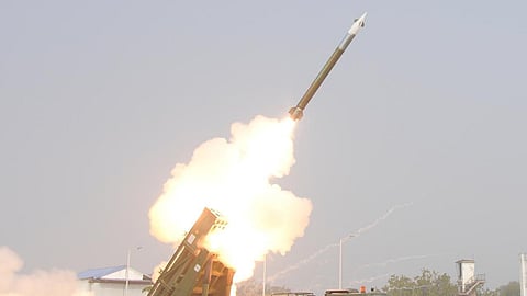 The Pinaka long range guided rocket being test-fired on Monday (Photo | MoD)