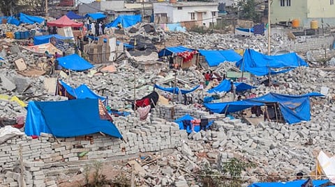 Aerial view of the rubble caused by the demolition drive by BSWML at Kogilu Layout in Yelahanka.