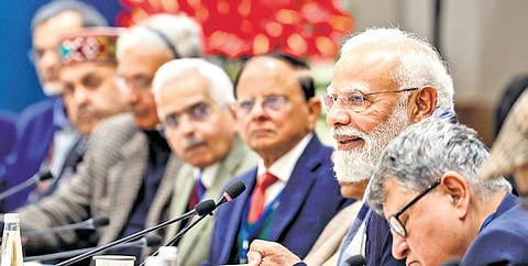 Prime Minister Narendra Modi at a pre-budget meeting with eminent economists and sectoral experts at NITI Aayog in New Delhi on Tuesday.