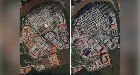 This combination of satellite images shows KK Park along Myanmar's border with Thailand on Sept. 11, 2025, left, and Nov. 14, 2025, showing the damage to one section of the notorious scam compound.