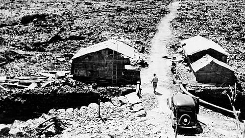 This Sept. 14, 1945, photo shows shacks made from scraps of debris from buildings that were leveled in the aftermath of the atomic bomb that was dropped over Nagasaki, western Japan.