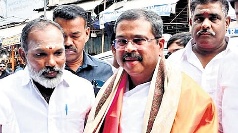 Union Education Minister Dharmendra Pradhan visited the Meenakshi Sundareswarar temple in Madurai on Wednesday.