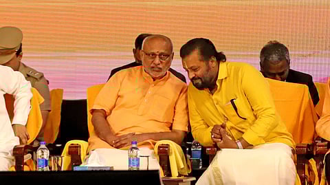 Vice President C.P. Radhakrishnan with Union Minister Suresh Gopi during the inaugural function of 93rd Sivagiri pilgrimage at Sivagiri Mutt Varkala inThiruvananthapuram on Tuesday. Governor Rajendra Vishwanath Arlekar, Shashi Tharoor MP arealso seen.