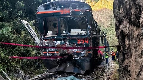 One of the two trains affected after a head-on collision connecting Machu Picchu with Ollantaytambo is pictured in Pampacahua, Cusco Department, Peru, on December 30, 2025.