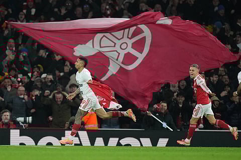 Arsenal's Gabriel Jesus celebrates after scoring his side's fourth goal during the English Premier League soccer match between Arsenal and Aston Villa in London, Tuesday, Dec. 30, 2025.