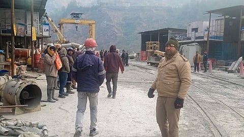 Security personnel at the site after a loco train collided with a goods train on Tuesday night inside Pipalkoti tunnel of the Vishnugad-Pipalkoti Hydro Electric Project tunnel in Gopeshwar area, Chamoli district, Wednesday, Dec. 31, 2025
