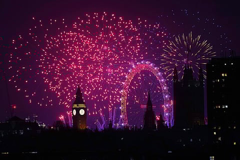 Fireworks light-up the sky in central London to celebrate the New Year on Thursday, Jan. 1, 2026.