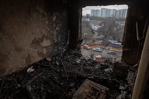 This photograph shows a damaged residential building following an attack, in Odesa, on December 31, 2025, amid the Russian invasion of Ukraine.