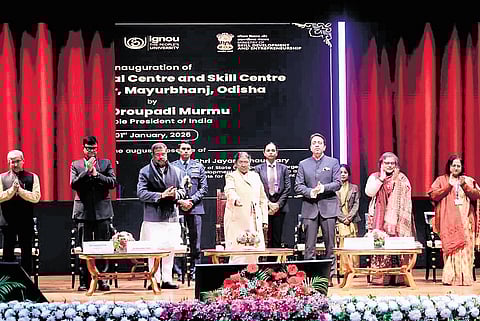President Droupadi Murmu inaugurating the IGNOU Regional Centre and IGNOU Skill Centre at Rairangpur virtually from Rastrapati Bhavan on Thursday