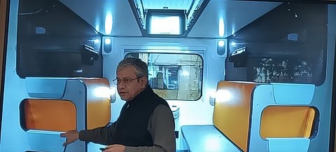 Railway Minister Ashwini Vaishnaw showing the interiors of India’s first Vande Bharat Sleeper train to media.