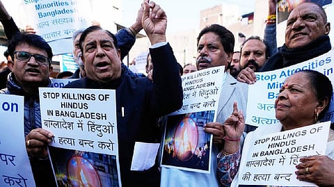 A protest in India against the attacks on Hindus in Bangladesh.