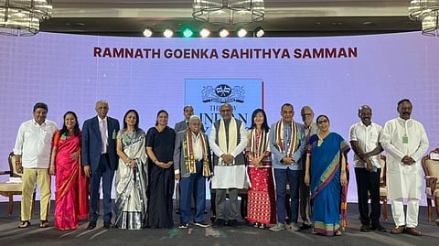 Vice President CP Radhakrishnan with the winners of the 2025 RNGSS awards at the third Ramnath Goenka Sahithya Samman in Chennai. Also seen in the photo are Tamil Nadu ministers PTR Palanivel Thiaga Rajan and Ma Subramanian, TNIE CMD Manoj Kumar Sonthalia, CEO Lakshmi Menon, Editorial Director Prabhu Chawla, TNIE Editor Santwana Bhattacharya, and Dinamani Editor K Vaidiyanathan.