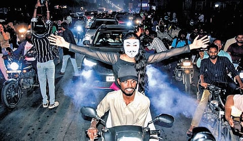 Denizens of Vijayawada come out on roads as they welcome the New Year on Thursday.